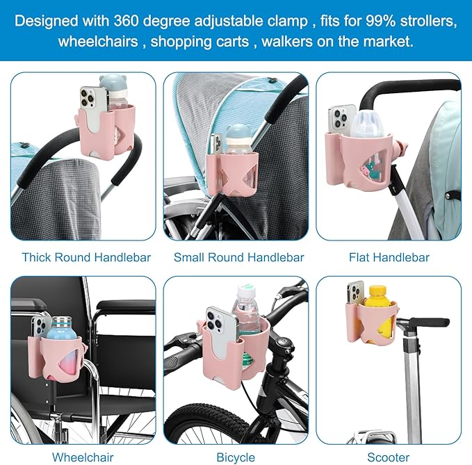 Accmor Universal Cup Holder, Stroller Cup Holder with Phone Holder, 360° Rotatable Large Caliber Designed Bottle Holder for Stroller, Bike, Wheelchair, Walker, Scooter