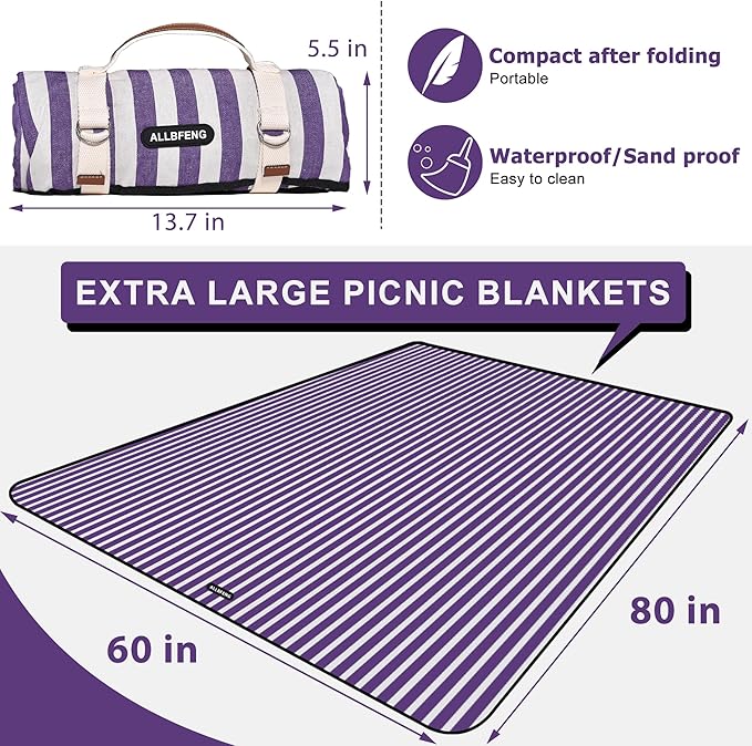 60”x 80” Picnic Blanket Waterproof and Foldable Beach Blanket, 5-Layer Outdoor Mat with Carry Strap for 6 to 8 Adults, for Camping, Park, Beach, Grass, Indoors…