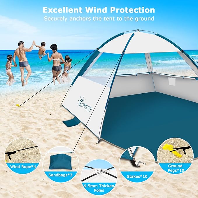 COMMOUDS Beach Tent Sun Shade for 3/4-5/6-7/8-10 Person, UPF 50+ Beach Sun Shelter Canopy Tent, Lightweight, Easy Set Up and Carry