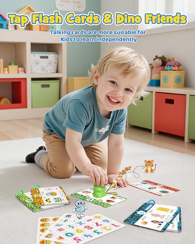 Dinosaur Talking Pen with Phonics Cards, Montessori Toys for Toddlers, Autism Sensory Interactive Toys, Educational Birthday ABC 123 Learning Set, 73PCS Flash Cards & 6 Stickers