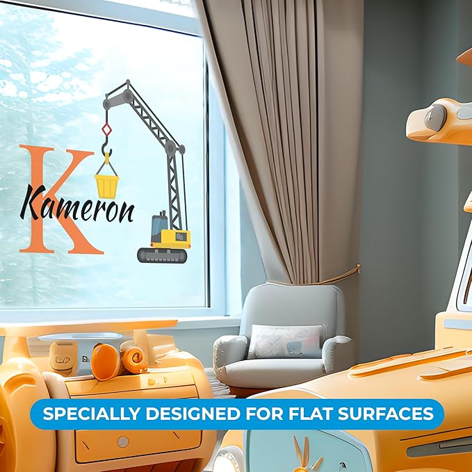 CRYPTONITE Custom Toddler Construction Crane Wall Decal I Personalized Name & Initial I Nursery Decor I Polyvinyl Chloride Sticker - Made in USA (Medium, Multicolor Options)