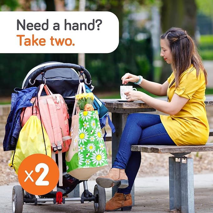 Baby Uma Stroller Hooks for Bags (2 Pack) - Universal Stroller Clips and Hooks, Non-Slip with One-Hand Opening, 11 lb Weight Capacity, Baby Travel Essential