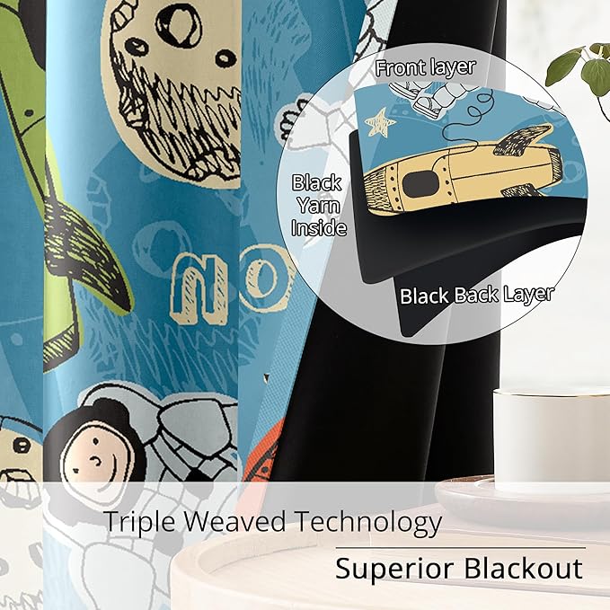Kids Astronaut and Rocket Blackout Curtains - 100% Blackout, Thermal Insulated, Noise Reducing, Bring The Cosmos Closer to Your Kid’s Room, 2 Panels (Moonbound Adventure, W52×L63)