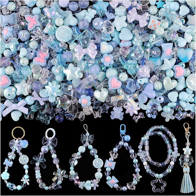 Assorted 170-230PCS Blue Acrylic Beads for Bracelet Making, Flower Bow Butterfly Candy GummyBear Aesthetic Bracelet Charms,Cute Beads for Jewelry Making DIY Necklace Keychain Phone Charm