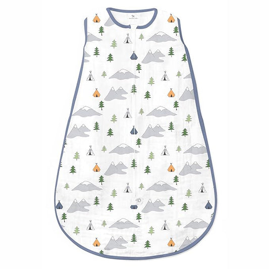 Amazing Baby Cotton Muslin Sleeping Sack, For Baby Boy or Girl, Wearable Blanket with 2-way Zipper, Outdoor Adventure, Denim, Small (0-6 Month)