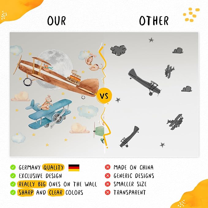 Airplane Wall Decals by Lipastick - 47-Piece Watercolor Vintage Plane Stickers for Kids, Boys Room, Baby Nursery, Toddler Bedroom Decor - Premium Vinyl Aircraft Art - L Size