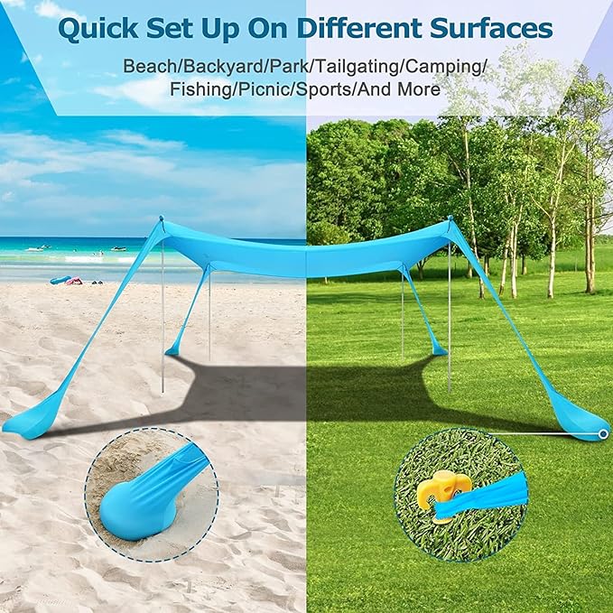 COMMOUDS Beach Tent Sun Shelter - UPF50+ Pop Up Beach Canopy with Sandbags & Sand Shovel & Windproof Poles, Portable Sun Shade for Beach, Camping, Picnics, Backyard