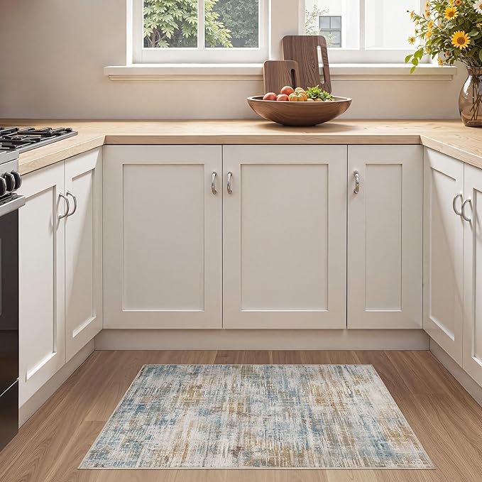 2x3 Entryway Area Rugs: Washable Neutral Abstract Small Rug Door Mat Non-Slip Soft Low Pile Indoor Carpe for Entrance Kitchen Front Door Bathroom Entry Kids Room - Blue Brown