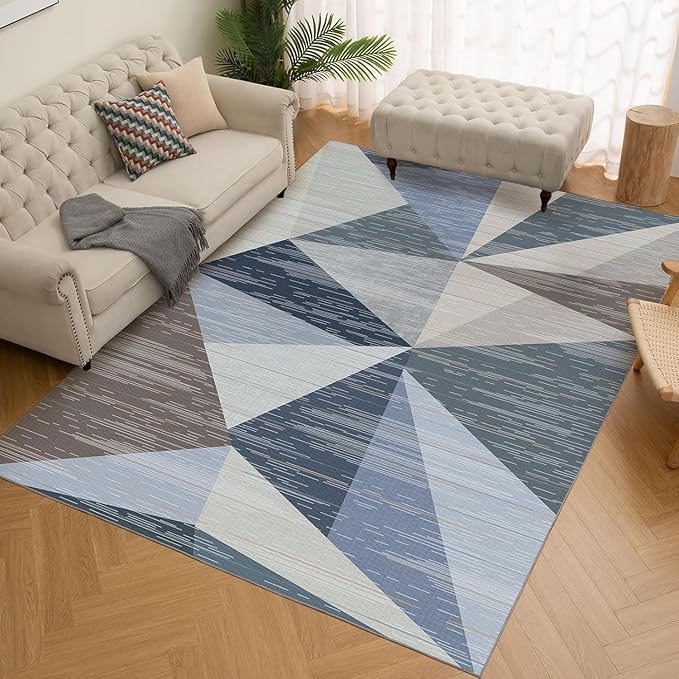 HOMFINE Washable Modern Area Rug - Geometric Style 5x7 Rugs for Living Room, Bedroom, Machine Washable Rug Soft Non Slip Non Shedding Area Rug - Blue, 5'x7'