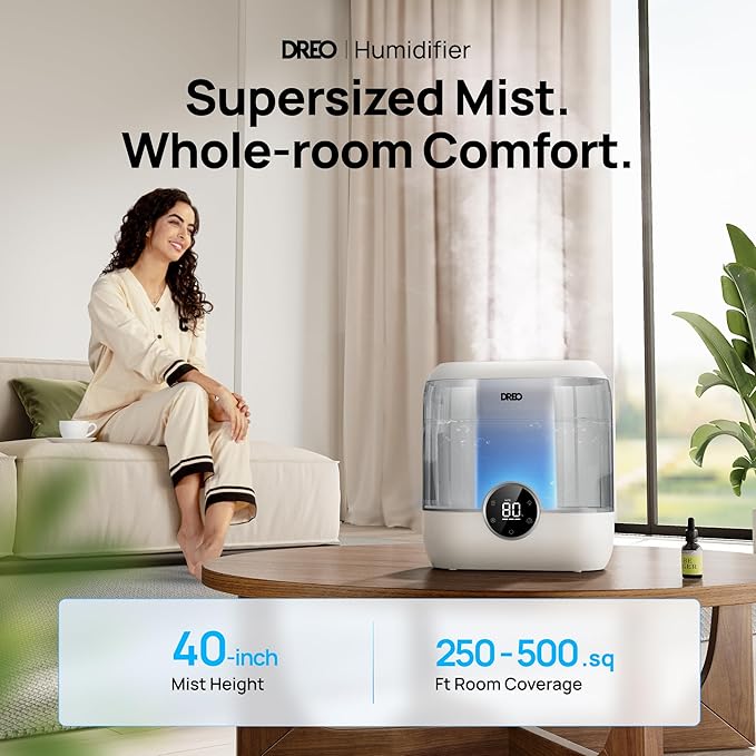 Dreo Smart Humidifiers for Bedroom, 6L Top Fill Supersized Cool Mist Humidifier for Large Room, 60 Hour Runtime, Quiet Ultrasonic Humidifiers for Plants, Baby, Nursery, Indoor, Home, Night Light, Gray