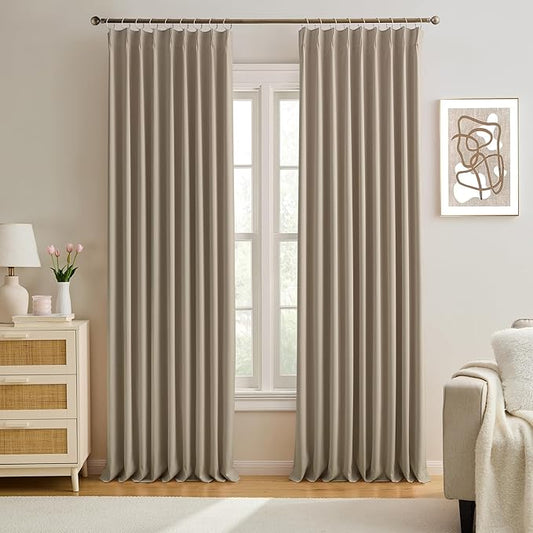 KEQIAOSUOCAI 60 Wide Pinch Pleated Window Curtain Panels 102 Inches Long Custom Made Pleated Curtains Hooks Track Privacy Memory Shape Drape for Living Room,Khaki, Set of 2=120 Inch Wide