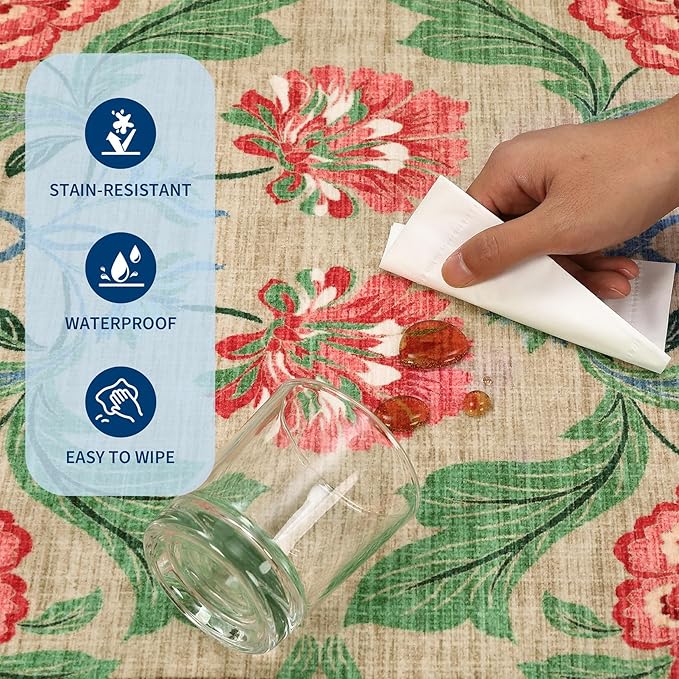 GarveeHome Floral Botanical Washable 9x12 Area Rug for Living Room Soft Camel Taupe Brown Vintage Boho Cottage Large Rugs Low Pile Carpet for Bedroom Dining Nursery Rug