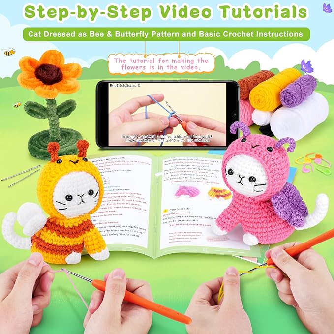 Crochet Kit for Beginners, 2PCS Cats Dressed as Bee and Butterfly Crochet Kits with Step-by-Step Video Tutorials, Beginner Crochet Kits for Kids and Adults, Animal Crocheting Kit for Starters