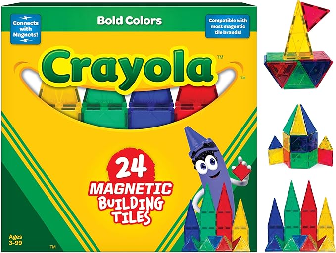 CreateOn Crayola Bold Magnetic Tiles, Building Set for Kids, Magnetic Tiles, Kids’ Building Toys, STEM and Montessori Toys for Boys and Girls Ages 3+, 24-Piece Set (Bold)