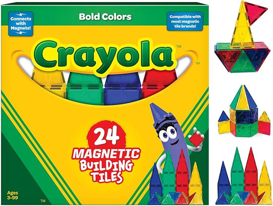 CreateOn Crayola Bold Magnetic Tiles, Building Set for Kids, Magnetic Tiles, Kids’ Building Toys, STEM and Montessori Toys for Boys and Girls Ages 3+, 24-Piece Set (Bold)
