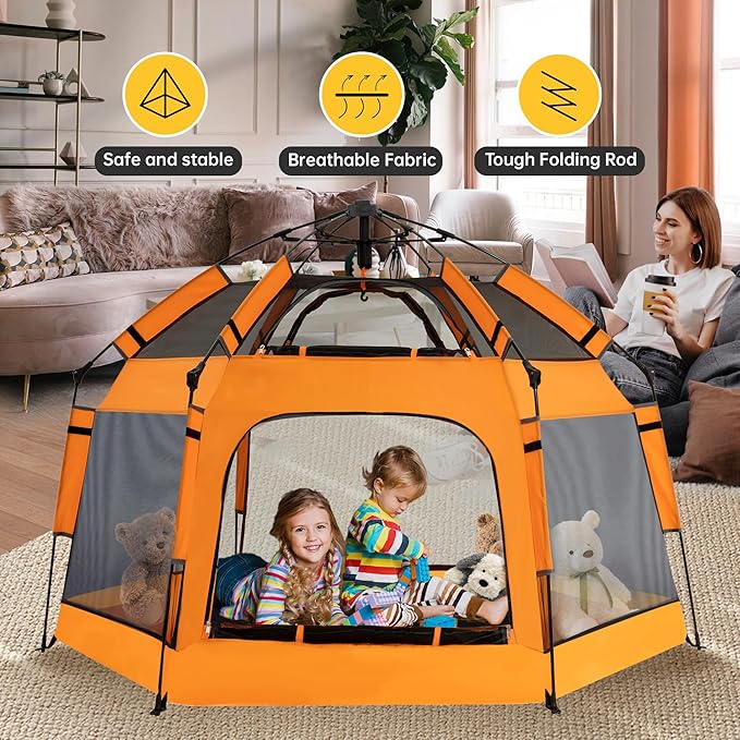 Baby Pop Up Playpen with Canopy, Pop Up Baby Pop Up Tent with Safety Lock, Portable Toddler Play Yard with Travel Bag, 6 Ground Stakes, 6 Sand Stakes