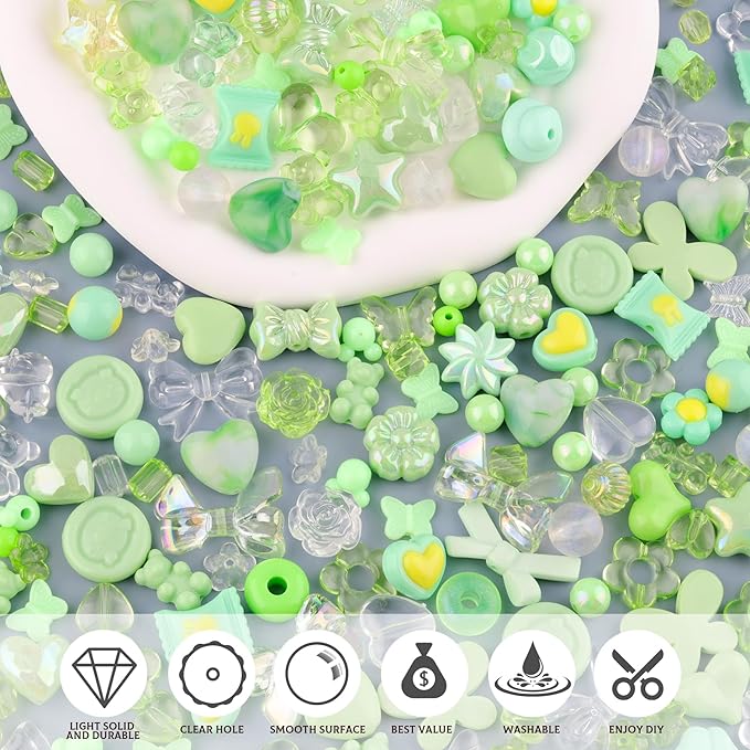 Assorted 170-230PCS Green Acrylic Beads for Bracelet Making, Flower Bow Butterfly Candy GummyBear Aesthetic Bracelet Charms,Cute Beads for Jewelry Making DIY Necklace Keychain Phone Charm