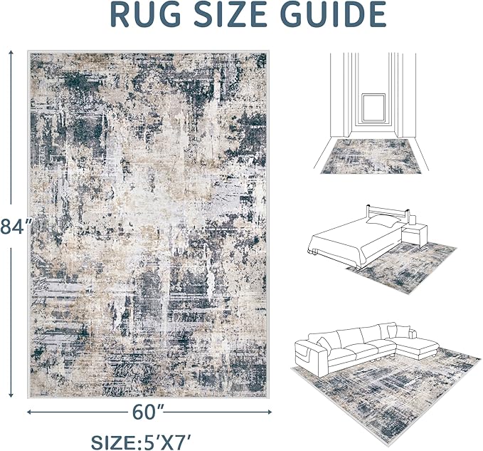 Area Rugs 5x7 Living Room: Washable Rug Modern Abstract Rugs Soft Non Slip Neutral Rug Stain Resistant Indoor Carpet for Bedroom Kitchen Dining Room Nursery Home Office Rugs(Black Brown,5'x7')