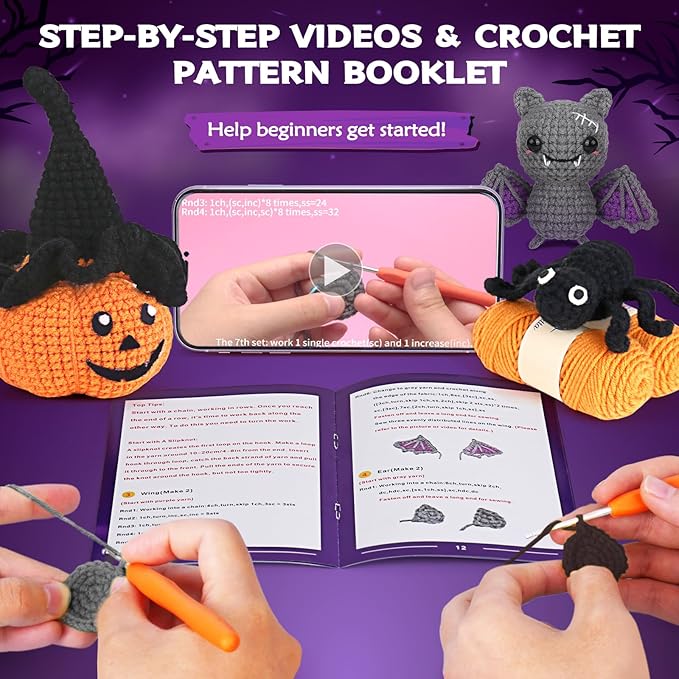 Crochetta Crochet Kit for Beginners, Halloween Decorations, Pumpkin Spider Bat Crochet Animal Kit for Adults and Kids with Step-by-Step Video Tutorials, DIY Knitting(40%+ Yarn)