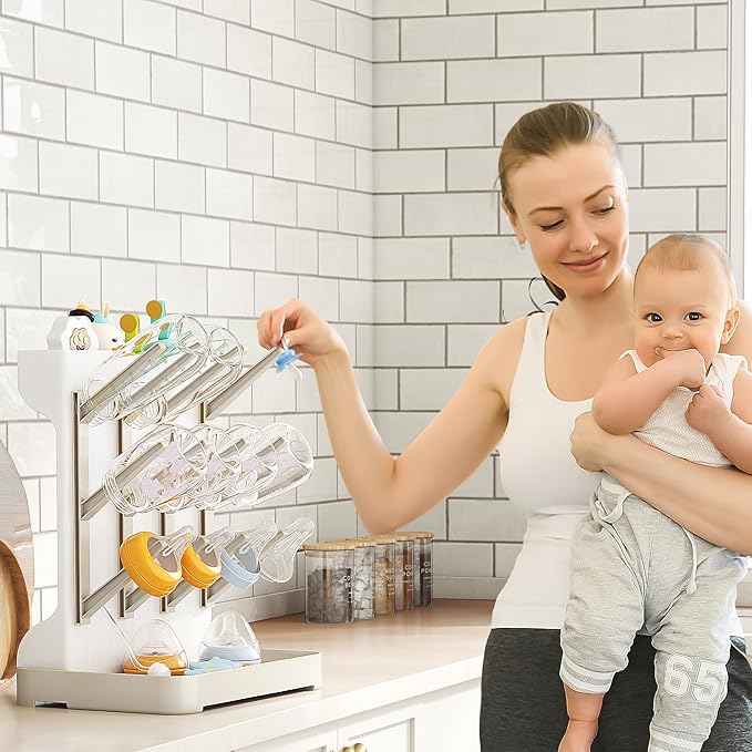 GoMaihe Baby Bottle Drying Rack: Space Saving Vertical Bottle Dryer Holder - Baby Accessories Storage Stand Organize Brushes Pacifiers on Countertop - BPA-Free - Beige