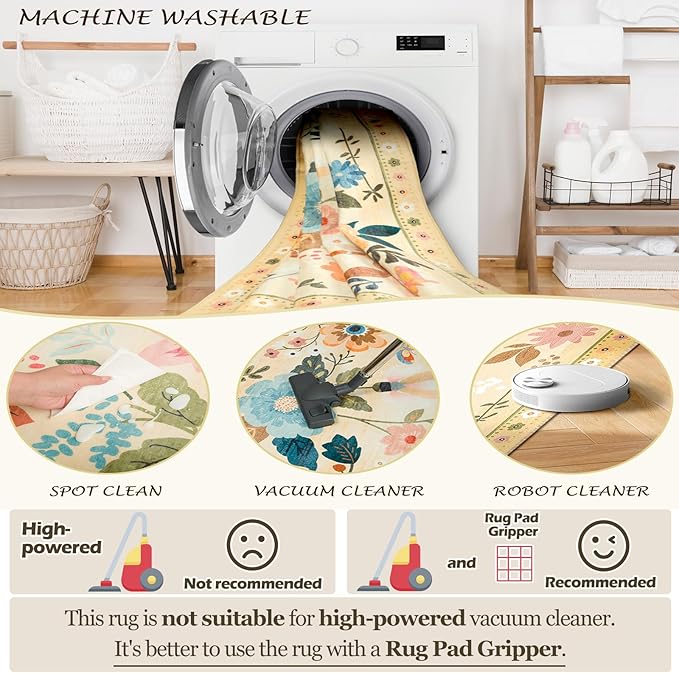 Floral 4ft Area Rug Machine Washable Soft Print Boho Carpet Non Slip Doormat Low Pile Flower Area Rugs for Living Room Bedroom Nursery Kitchen Dining Room Indoor-Ivory/Yellow