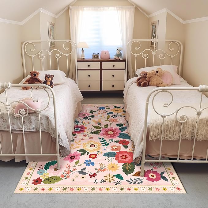 Floral 5x7 Area Rug Machine Washable Soft Print Boho Carpet Non Slip Doormat Low Pile Flower Area Rugs for Living Room Bedroom Nursery Kitchen Dining Room Indoor-Pink