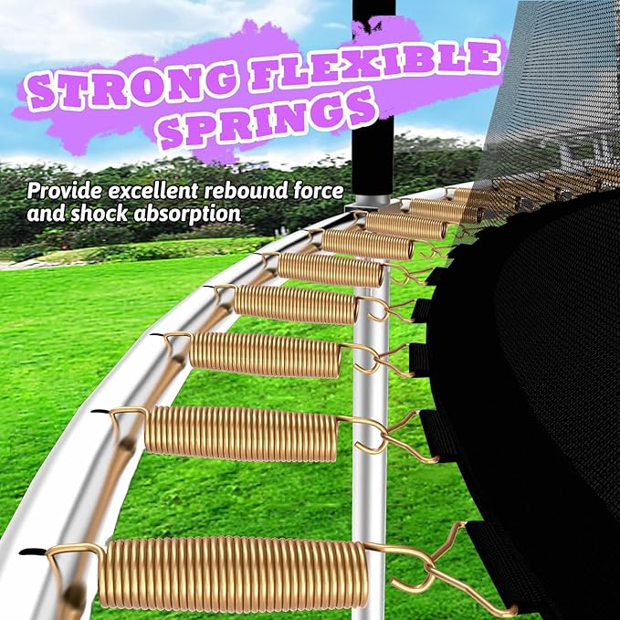 8FT 10FT 12FT 14FT Outdoor Trampoline with Basketball Hoop and LED Lights, ASTM Approved Recreational Trampolines for Kids and Adults with Net and Ladder