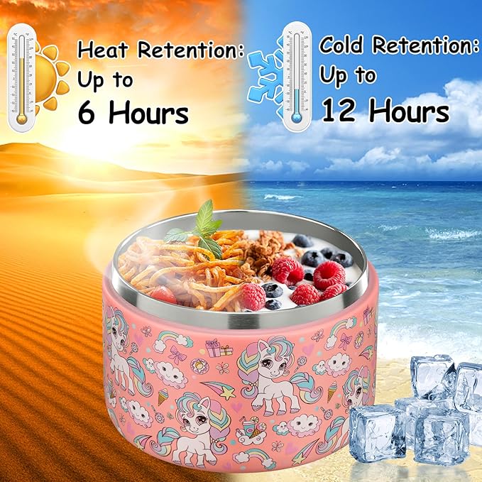 12oz Insulated Vacuum Food Jar with Buckle Lid Wide Mouth Soup Thermo for Hot Food Kids Leakproof Stainless Steel Lunch Container (Pink-Horse)