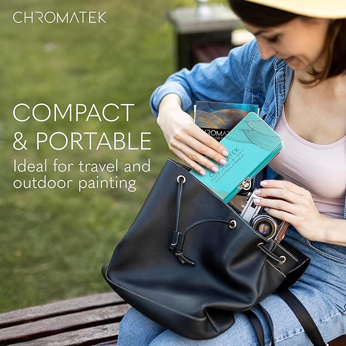 CHROMATEK Watercolor Paint Set – 50 Vivid Colors Including Transparent, Opaque & Pastel – Art Kit with Brush, Water Pen, Palette, Color Chart, Swatch Sheets, Pad & Metal Travel Case