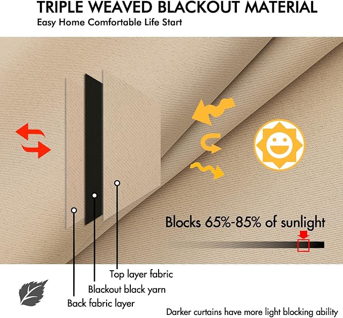 ANRODUO Back Tab Blackout Curtains for Bedroom Living Room, Rod Pocket Pinch Pleated Thermal Insulated Room Darkening Curtains 90 Inches Long 2 Panels, Beige, 42 x 90 Inch