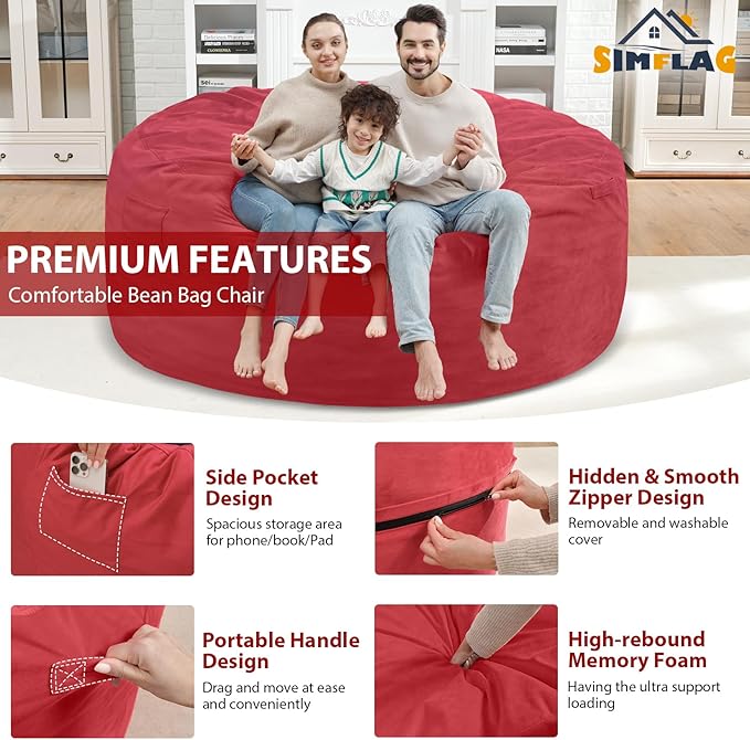 6FT Bean Bag Chair, Large Bean Bag Chairs with Memory Foam Filled, Fluffy Beanbag Sofa with Dutch Velvet Cover, Round BeanBag Chairs for Living Room, Playroom - Red