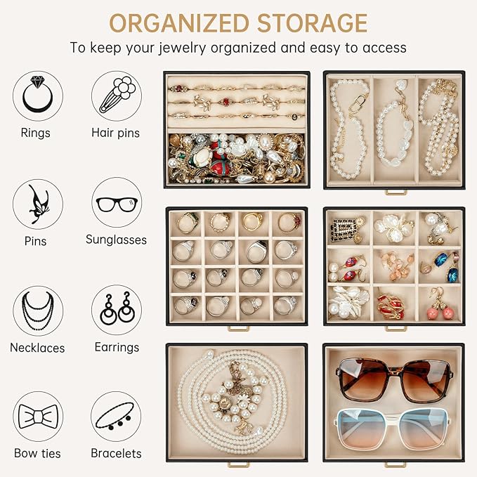 AKOZLIN 6-Tier Jewelry Box Organizer Functional 5 Drawers Leather Jewelry Storage Case for Women Girls Ring Necklace Earring Bracelet Holder Organizer with Mirror Black