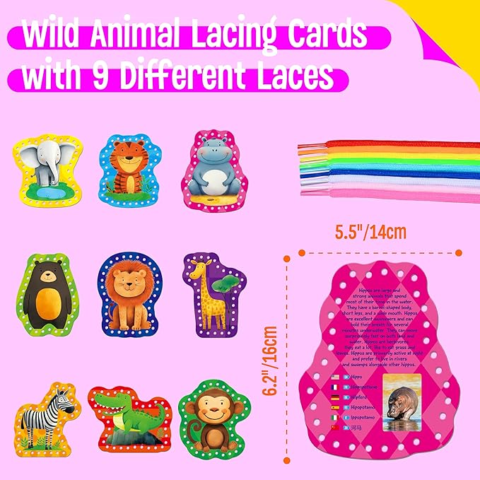 9 PCS Kids Lacing Cards, 9 Double Sided Wild Animals Sewing Cards with 9 Colorful Laces, Educational & Learning Toys for Preschoolers, Kids Ages 3+