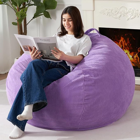 Homguava 3.5FT Bean Bag Chair: Teardrop Bean Bags with Memory Foam Filled, Compact Beanbag Chairs Soft Sofa with Corduroy Cover (Purple)