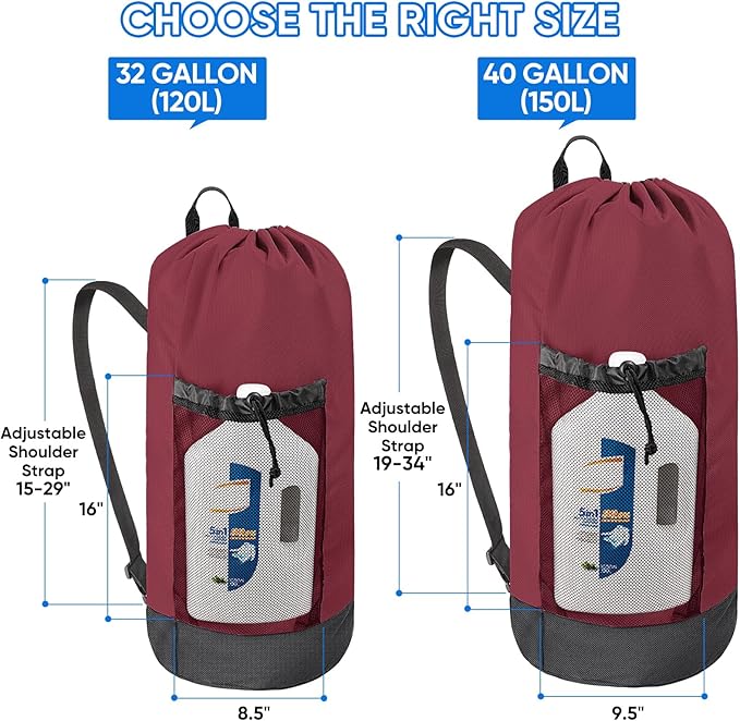 BALEINE 120L Laundry Bag Backpack, 900D Oxford Fabric Large Travel Laundry Bags with Shoulder Straps and 2 Mesh Pockets for College Dorm, Apartment, Laundromat (Red, 120L)