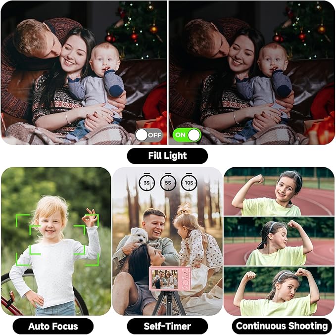 Digital Camera, FHD 4K 44MP Digital Camera, 16X Digital Zoom, Digital Point and Shoot Camera with 3-LED Fill Lights, 64GB SD Card, Compact Camera for Kids Teen Boys Girls, Pink