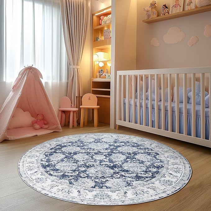 jinchan Round Rug 4ft Area Rugs Vintage Floral Distressed Design - Machine Washable Non-Slip Low-Pile Ultra-Thin Circle Rug for Entryway Bedside Living Room Dining Room Bedroom (4' Round,Dark Blue)