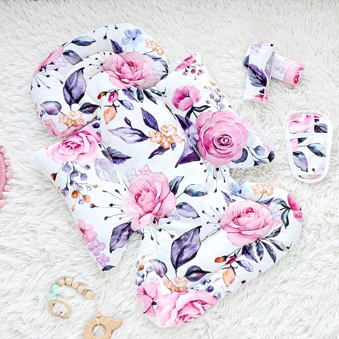 Pea Pod Infant Car Seat Insert with 3 Strap Covers, 3 in 1 Reversible Floral Baby Car Seat Head Support for Newborn, 3D Soft Minky Carseat Cushion for Preemie to Infant, Stroller, Swing, Bouncer