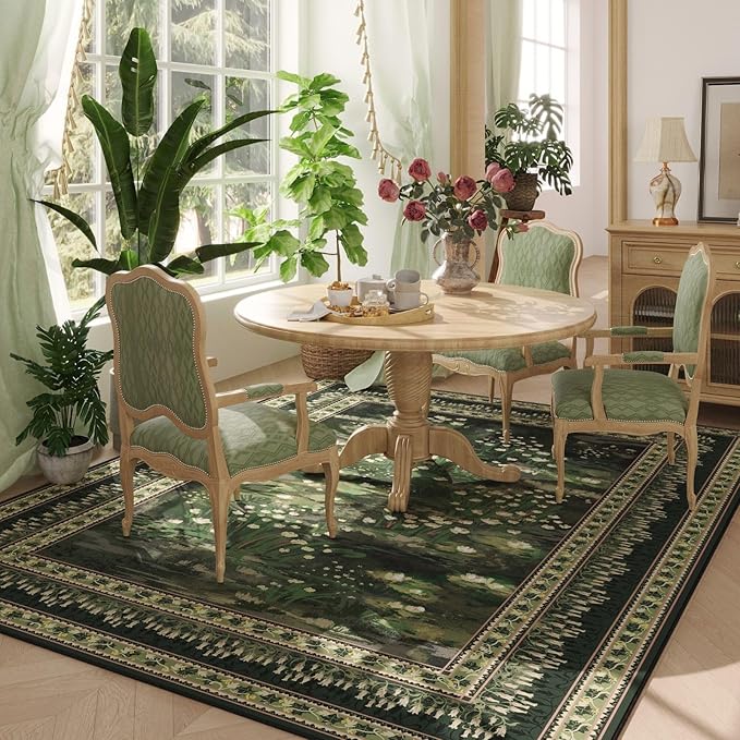 Area Rugs 8x10 Clearance Impressionist-Style Vintage Washable Area Rug Non Slip Low Pile Large Rug for Bedroom Farmhouse Dining Room Kids Playroom, Green