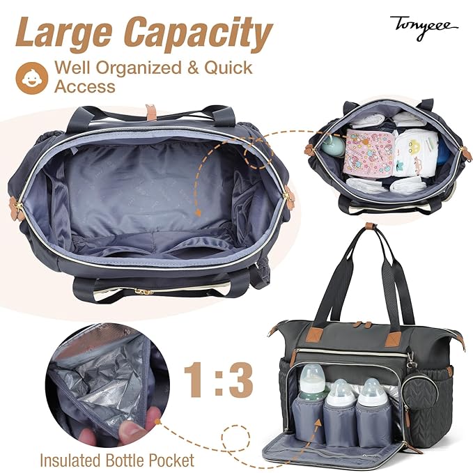 Diaper Bag Tote, Large Baby Diaper Bags Waterproof, Hospital Bag for Labor Delivery with Pacifier Case, Changing Pad, Shoulder Strap, Dark Gray