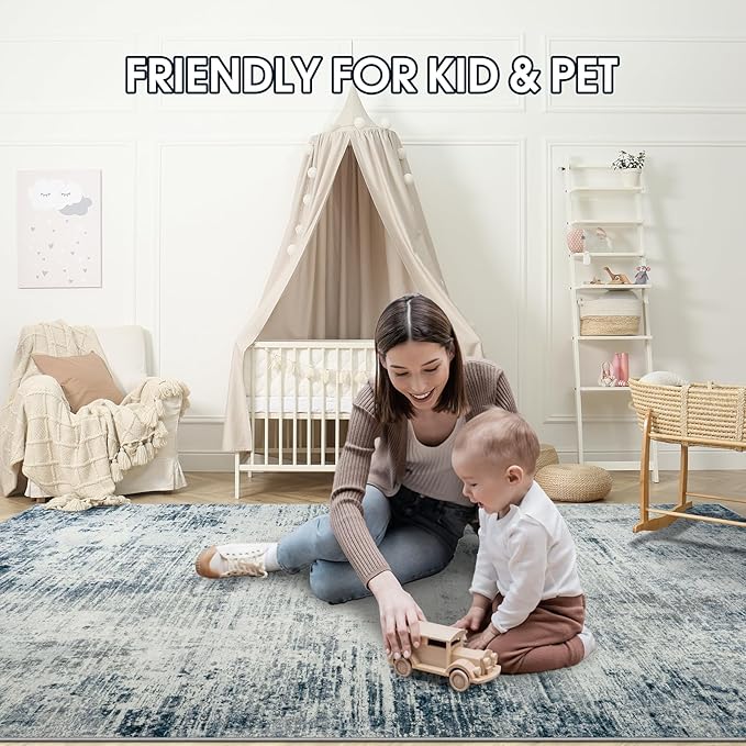 Area Rug 9x12 Washable Rugs: Abstract Large Living Room Rugs with Non-Slip Backing, Stain Resistant Indoor Floor Carpet for Bedroom Dining Room Table Nursery Hallway Home Office-Blue/Ivory