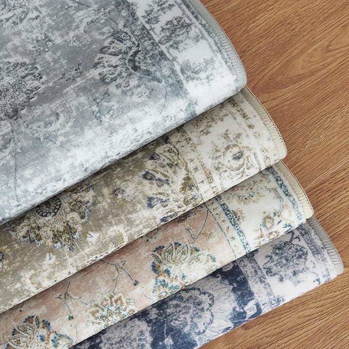 jinchan Washable Area Rug 8x10 for Living Room - Soft Faux Wool Ultra-Thin Stain Resistant Non-Slip Distressed Vintage Floral Large Carpet for Bedroom,Dining Room,Home Office,Nursery(Taupe, 8'x10')