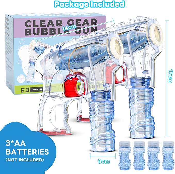 Kid Odyssey 2 Pack Bubble Gun with 4 Refill Solution and 3 Colorful LED Light, Bubble Machine for Kids, Bubble Maker for Party Favors, Birthday Gift, Indoor Outdoor Toys for Toddlers