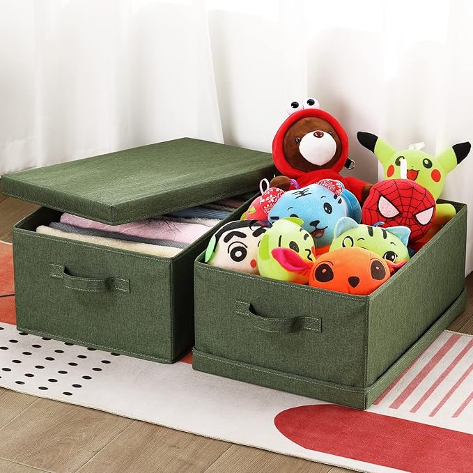 HOONEX Storage Bins with Lids for Organizing, Pack of 2, Storage Boxes with 2 Carrying Handles and Sturdy Heavy Cardboard, 16.5" L x 11.8" W x 7.5" H for Shoes, Books, Clothes, Olive