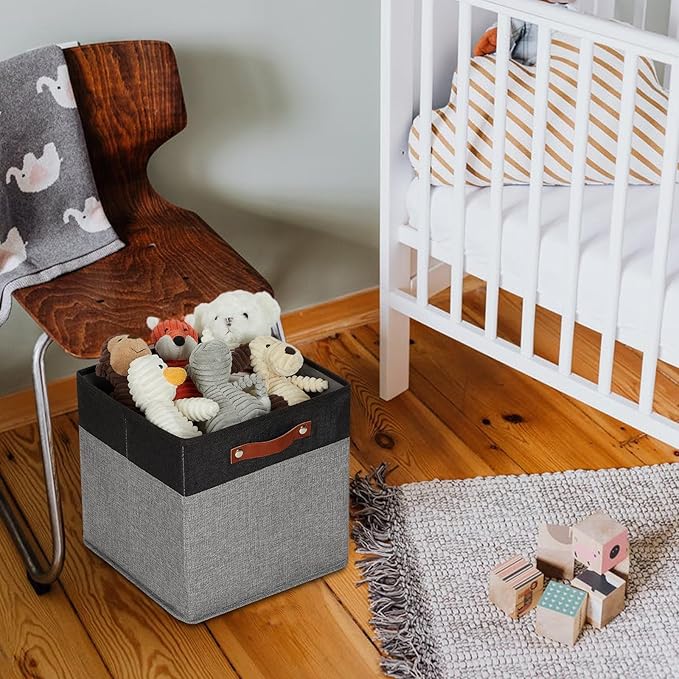 HNZIGE Storage Baskets for Organizing, Set of 4, Square Fabric Storage Cubes Bins 13 x 13, Collapsible Black Storage Bins for Shelves, Closets, Nursery, Home, Office (Black&Grey)