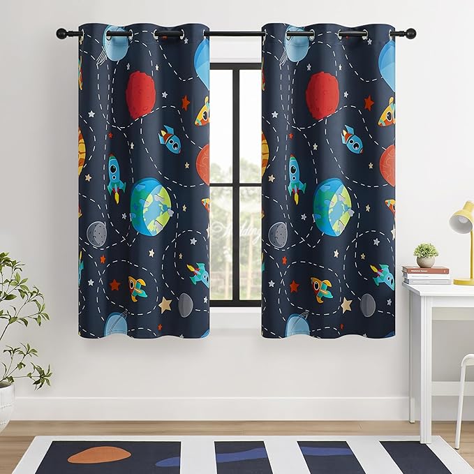 Kids Space Themed Blackout Curtains - 2 Panels, Each W42×L72, 100% Blackout, Perfect for Bedroom and Nursery, Energy Saving with Vibrant Cosmos Patterns