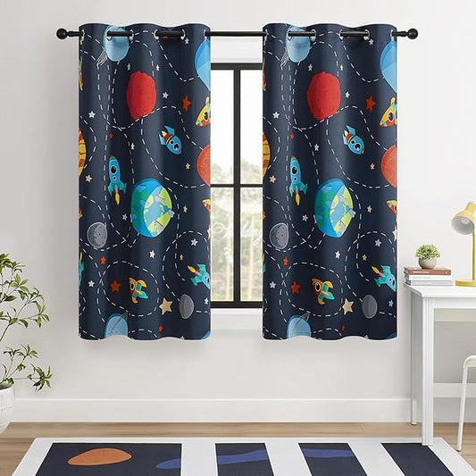 Kids Space Themed Blackout Curtains - 2 Panels, Each W42×L72, 100% Blackout, Perfect for Bedroom and Nursery, Energy Saving with Vibrant Cosmos Patterns