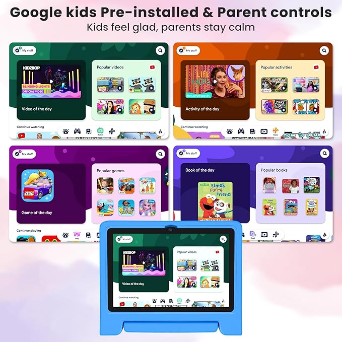 Kids Tablet 10.1 inch Android 14 Octa-Core 64GB 6000mAh Kids Space Parental Control 1280 * 800 HD Touchscreen Shockproof Case Dual Camera Gift for Toddler Children (Blue)