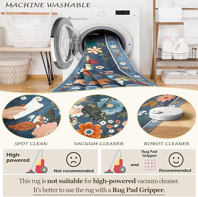 Floral 8x10 Area Rug Machine Washable Soft Print Boho Carpet Non Slip Doormat Low Pile Flower Area Rugs for Living Room Bedroom Nursery Kitchen Dining Room Indoor-Blue/Grey