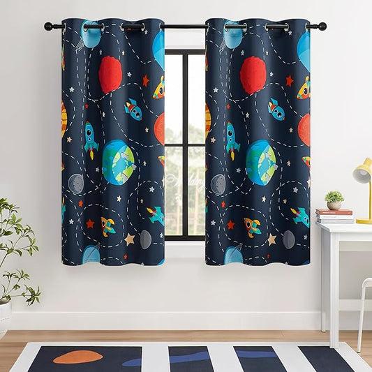 Kids Space Themed Blackout Curtains - 100% Blackout, Perfect for Bedroom and Nursery with Vibrant Cosmos Patterns, Noise Reduction, Thermal Insulated, 2 Panels (Space, W42×L63)